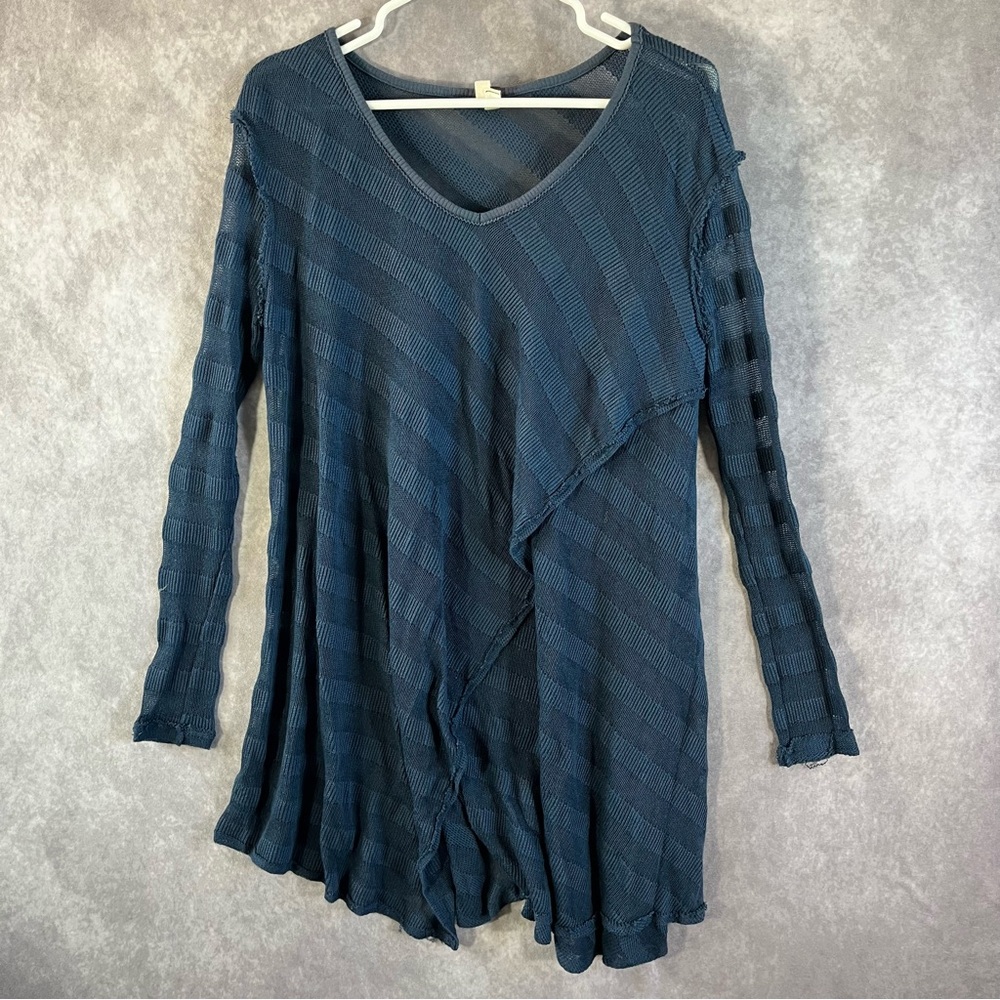 We Free Tunic Womens XS Blue Mesh Knit Asymmetrical V-Neck Long Sleeve Stripe